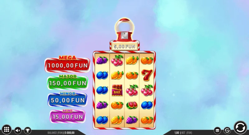 Sweet Candy Cash Stash – ekran gry z bębnami i przyciskami sterującymi